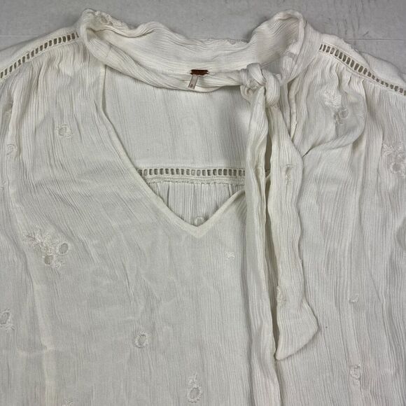Free People Tie Neck Blouse Ivory V-Neck Embroidered Loose Fit Shirt SMALL FLAW - Picture 3 of 11